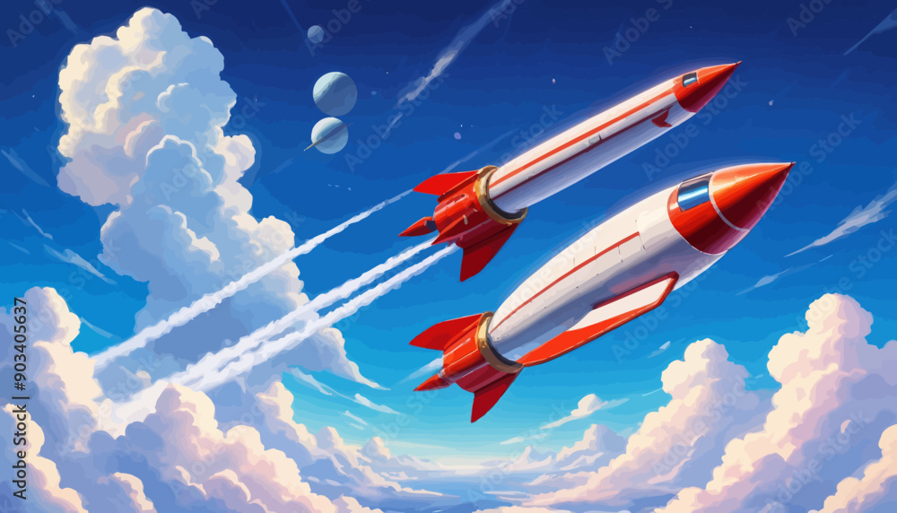 Futuristic Rocket Launch in a Blue Sky with Clouds and Planets Futuristic Rocket Launch in a Blue Sky with Clouds and Planets