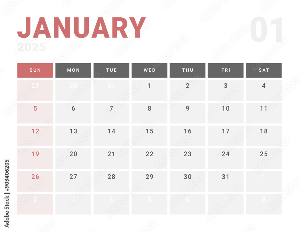 Monthly page Calendar Planner Template of January 2025. Vector layout of calendar with week start Monday for Scheduling. Page for size A4 or 21x29.7 cm Monthly page Calendar Planner Template of January 2025. Vector layout of calendar with week start Monday for Scheduling. Page for size A4 or 21x29.7 cm