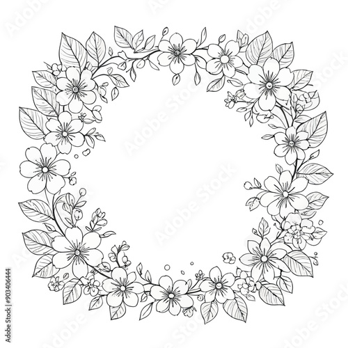 Floral Wreath Illustration: A Black and White Line Art Design for Coloring and Decoration