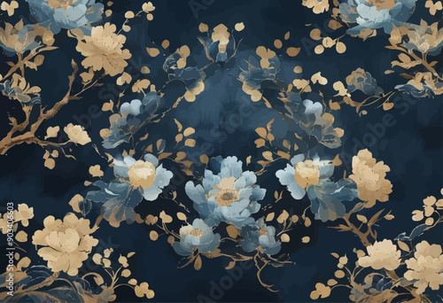 Floral Pattern with Gold Accents on Dark Blue Background
