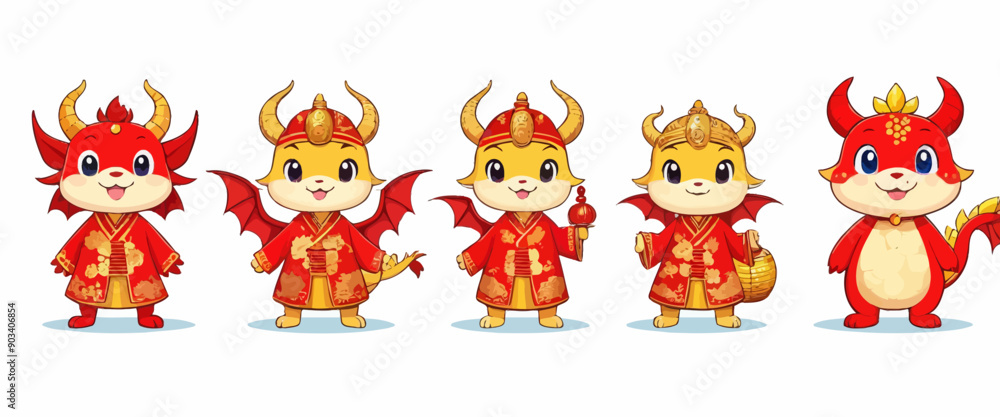 Fototapeta premium Five cartoon cat characters with dragon wings and costumes, smiling and posing