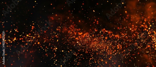 Overlay of floating fire embers particles, on black background, Generative AI