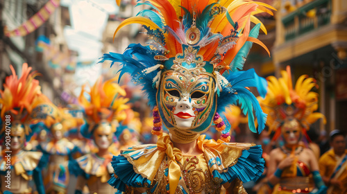 MassKara Festival parade of dancers in colorful costumes and decorative masks, backdrop of busy city streets, Ai Generated Images photo