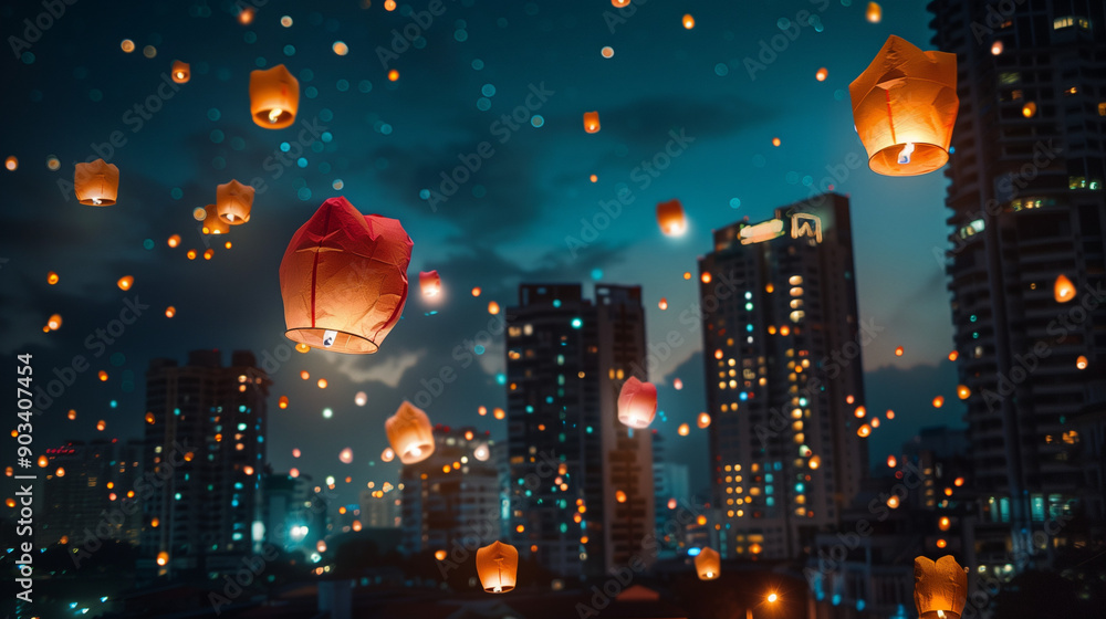 Festival of Lights, thousands of colorful lanterns floating in the dark night sky, city background with tall buildings lit up, Ai generated Images Festival of Lights, thousands of colorful lanterns floating in the dark night sky, city background with tall buildings lit up, Ai generated Images