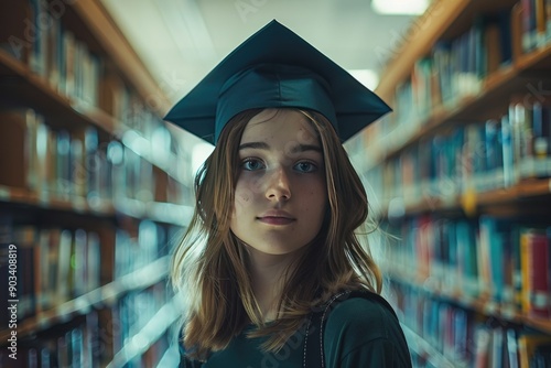 Confident Young Graduate in Library: Education, Achievement, Knowledge, Learning, Success