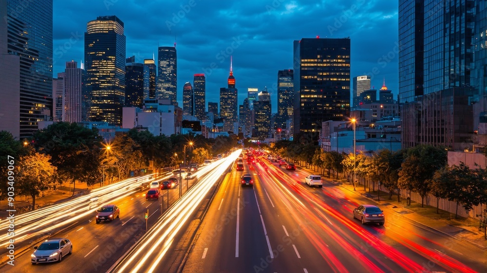 Stunning City Nightscape with Light Trails - Urban Skyline and Traffic at Dusk Stunning City Nightscape with Light Trails - Urban Skyline and Traffic at Dusk