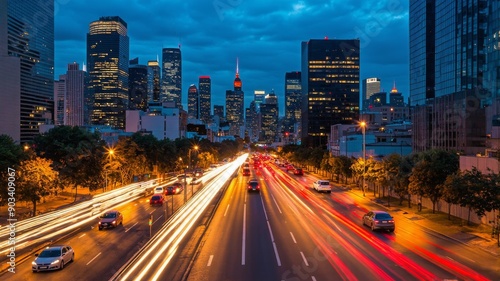 Stunning City Nightscape with Light Trails - Urban Skyline and Traffic at Dusk