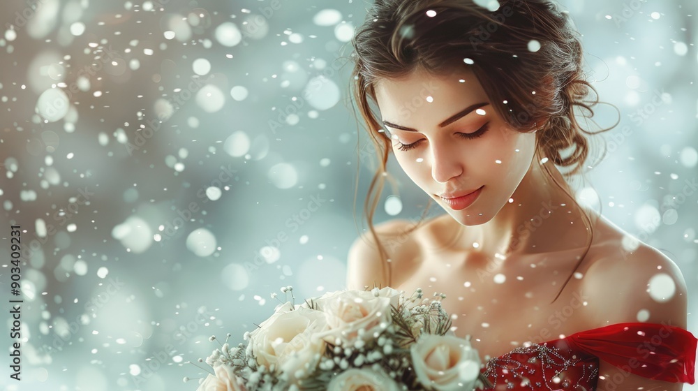 Serene Winter Bride in Red Dress Holding Bouquet against Snowy Bokeh Background Serene Winter Bride in Red Dress Holding Bouquet against Snowy Bokeh Background
