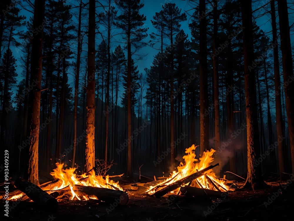 A raging fire burning in a dark forest at night, casting a warm glow on the surroundings A raging fire burning in a dark forest at night, casting a warm glow on the surroundings