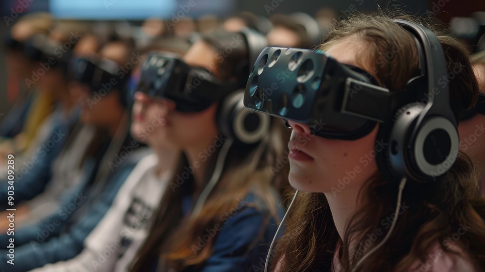 A group of individuals engaged in a virtual reality experience, wearing headsets and headphones, focused and immersive. A group of individuals engaged in a virtual reality experience, wearing headsets and headphones, focused and immersive.