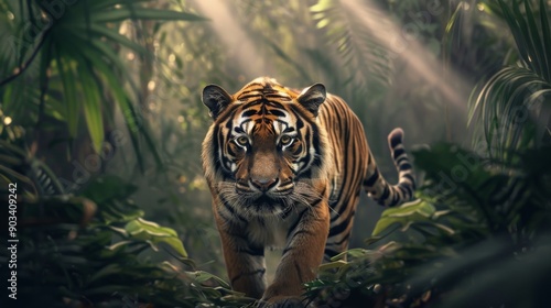 a majestic tiger walking through a lush jungle, with its piercing eyes focused forward