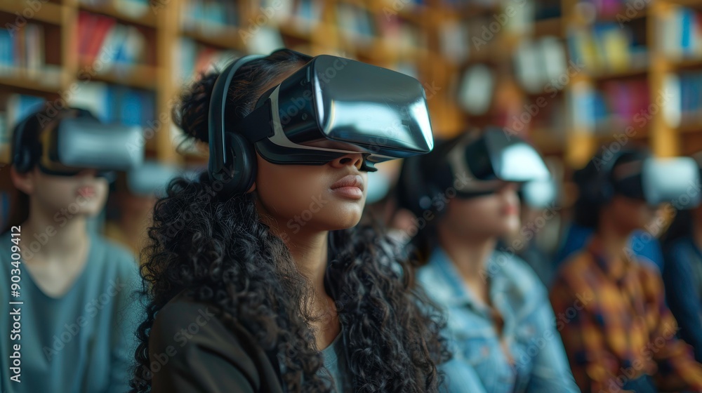 A group of individuals immersed in virtual reality experiences in a library, showcasing modern technology and engagement. A group of individuals immersed in virtual reality experiences in a library, showcasing modern technology and engagement.