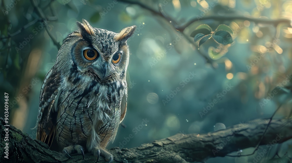an owl perched on a tree branch in a forest, with its eyes reflecting the light an owl perched on a tree branch in a forest, with its eyes reflecting the light