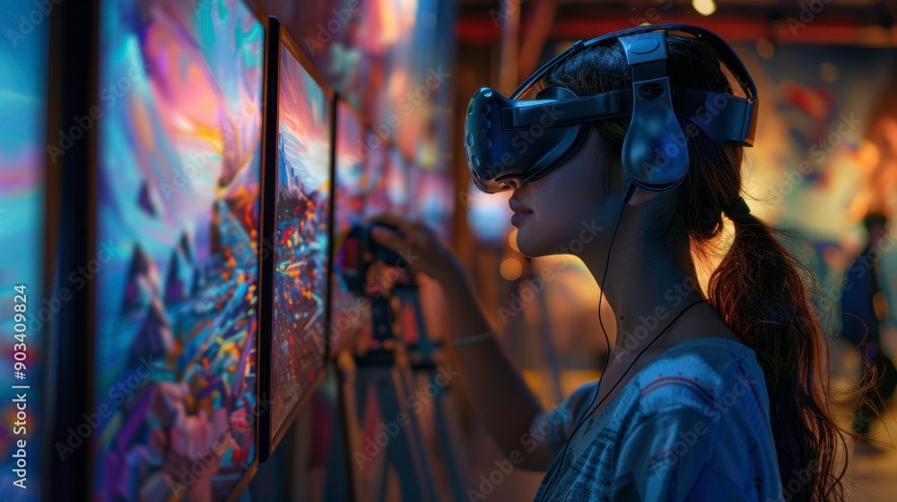 A woman experiences virtual reality art in a modern exhibition, showcasing creativity and technology in an immersive environment.