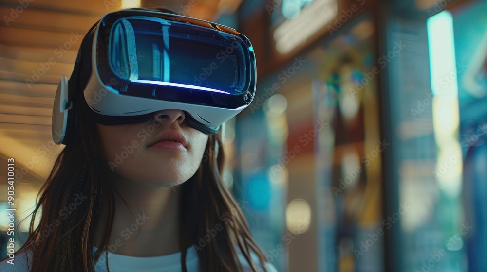 A young woman experiences virtual reality, wearing a sleek VR headset, immersed in a digital world in a modern setting. A young woman experiences virtual reality, wearing a sleek VR headset, immersed in a digital world in a modern setting.