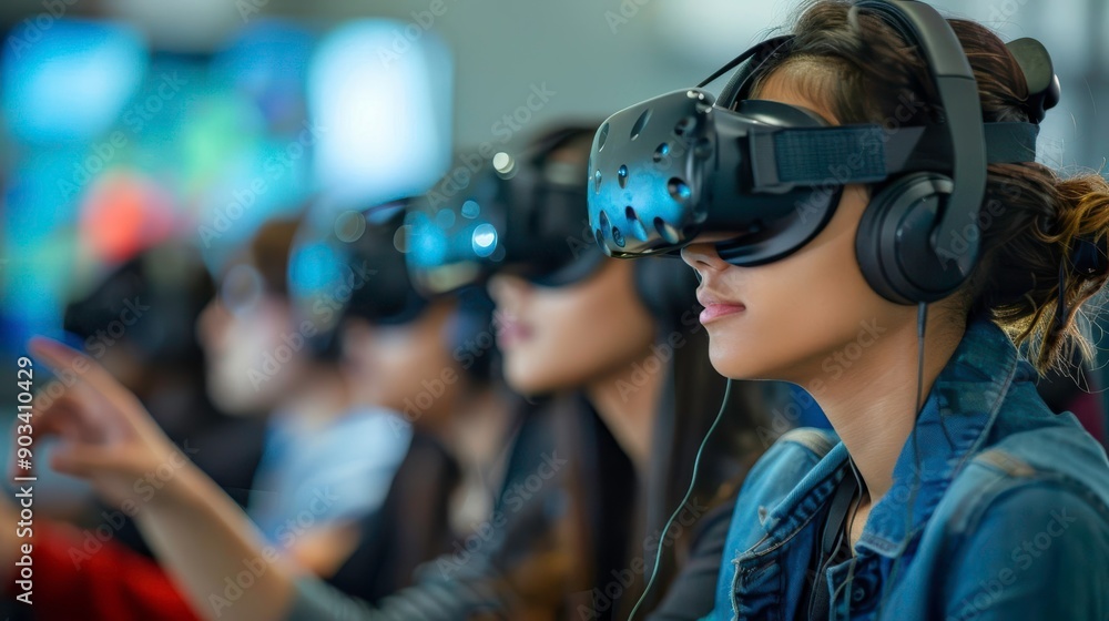 Focused individuals engage with virtual reality technology in a modern, dynamic setting, showcasing immersive digital experiences. Focused individuals engage with virtual reality technology in a modern, dynamic setting, showcasing immersive digital experiences.