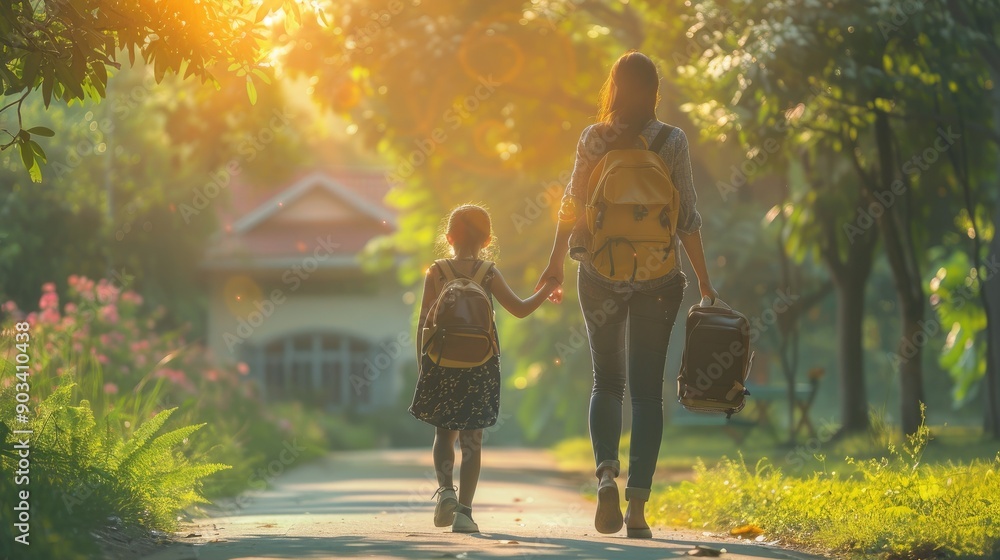 Mother and Daughter Walking with Backpacks on Sunny Pathway in Green Park Mother and Daughter Walking with Backpacks on Sunny Pathway in Green Park