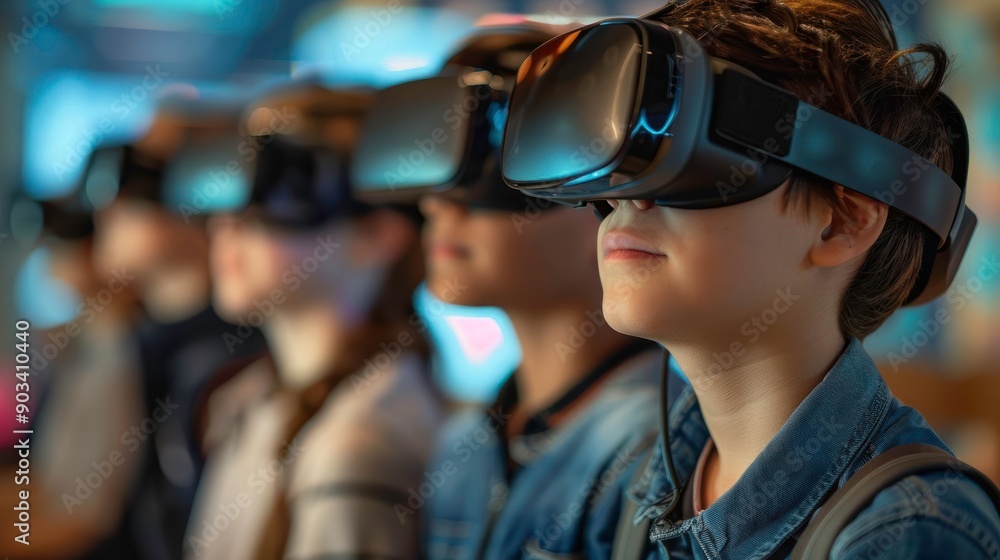 Engaged children experiencing virtual reality through headsets in a modern environment, showcasing innovative technology. Engaged children experiencing virtual reality through headsets in a modern environment, showcasing innovative technology.