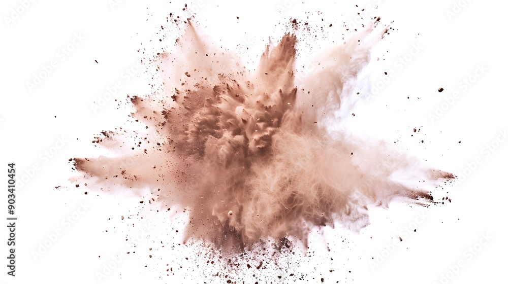 Brown powder explosion in monochrome on clean white background. Abstract concept of energy and contrast Brown powder explosion in monochrome on clean white background. Abstract concept of energy and contrast