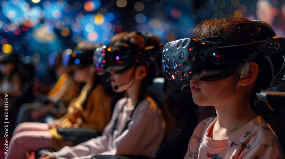 Group of children experiencing virtual reality technology, immersed in an interactive and imaginative digital world. Group of children experiencing virtual reality technology, immersed in an interactive and imaginative digital world.
