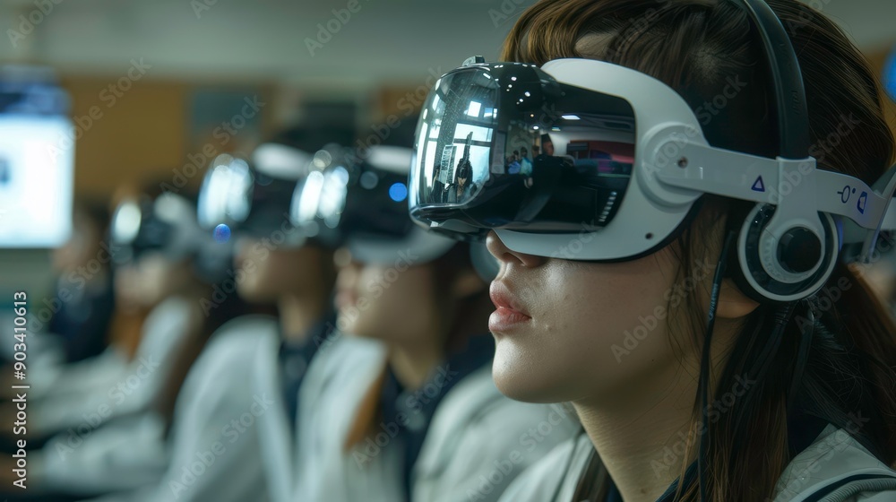 Group of students engaged in virtual reality experience, wearing VR headsets and focused on immersive technology. Group of students engaged in virtual reality experience, wearing VR headsets and focused on immersive technology.