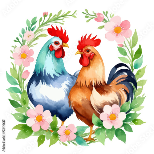 Chicken and Rooster in a Floral Garden