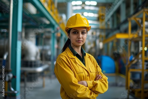 Female Industrial Worker in Yellow Safety Gear Standing Confidently in Factory