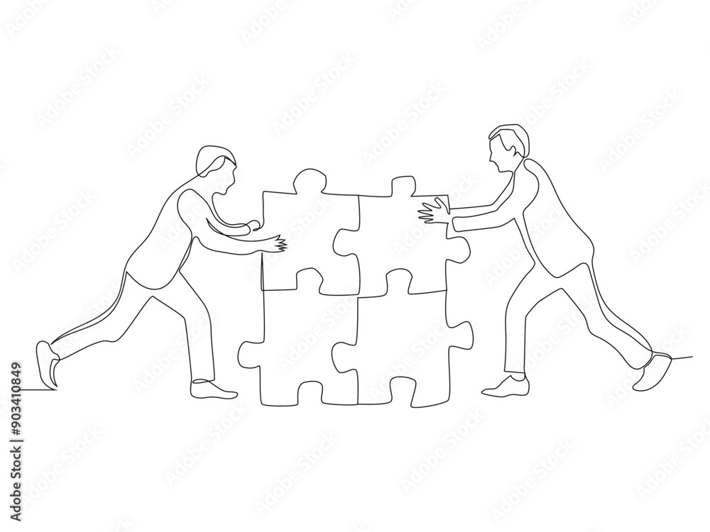 Continuous line art of Business Men Solving Puzzle. Continuous line art of Business Men Solving Puzzle.
