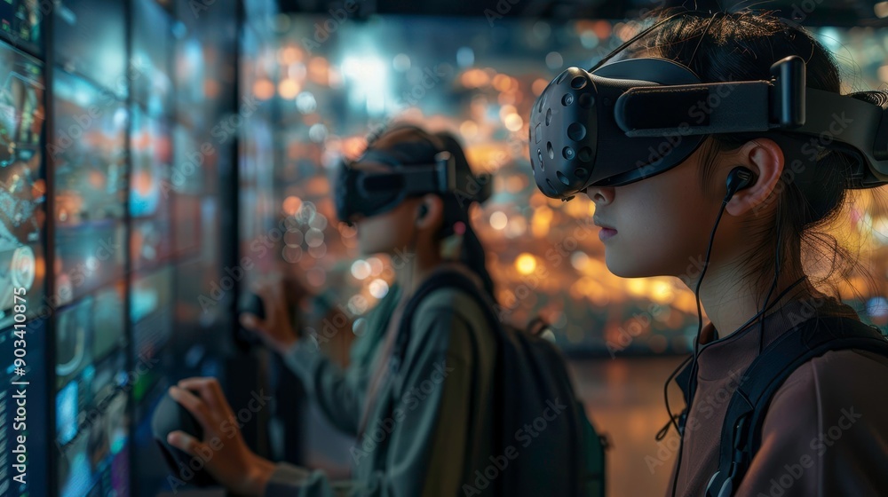 Two individuals engaging with virtual reality in a futuristic setting, showcasing immersive technology and urban scenery. Two individuals engaging with virtual reality in a futuristic setting, showcasing immersive technology and urban scenery.