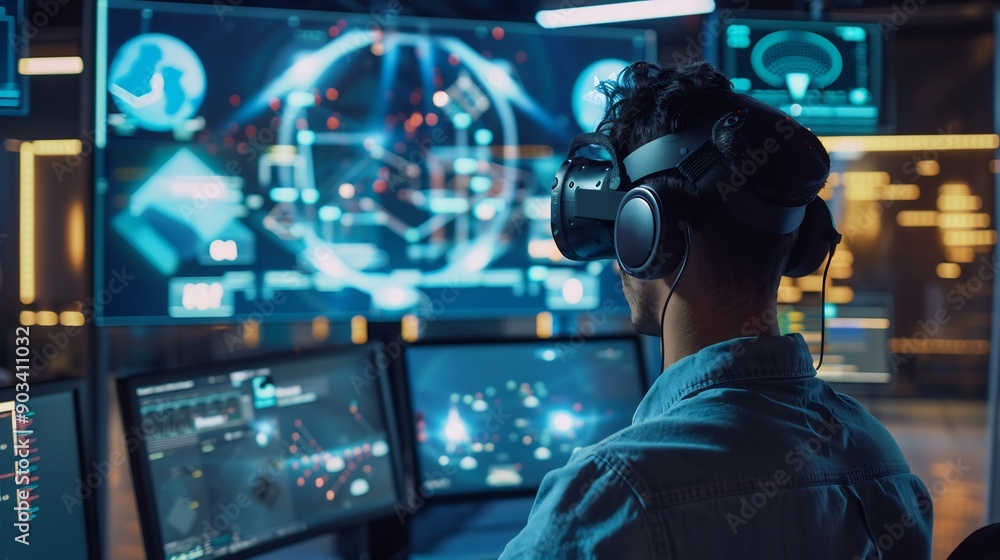A Man Wearing VR Headset in a Modern Control Room A Man Wearing VR Headset in a Modern Control Room