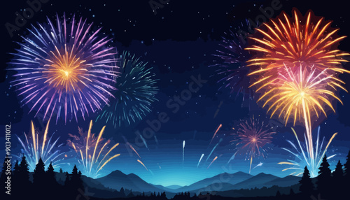 Celebratory Fireworks Over Mountains
