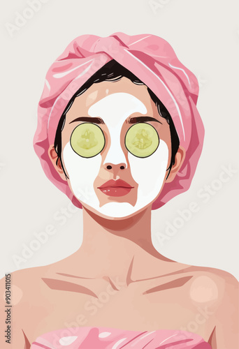Careful Skincare Routine: A Woman's Face with Green Facial Masks and Pink Towel