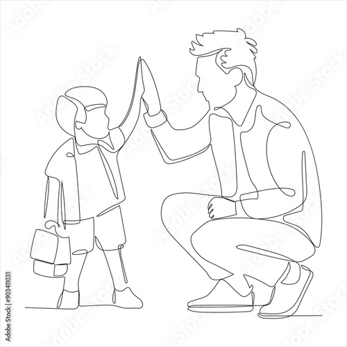 Continuous one line drawing of a young father giving high-five to his son for success.