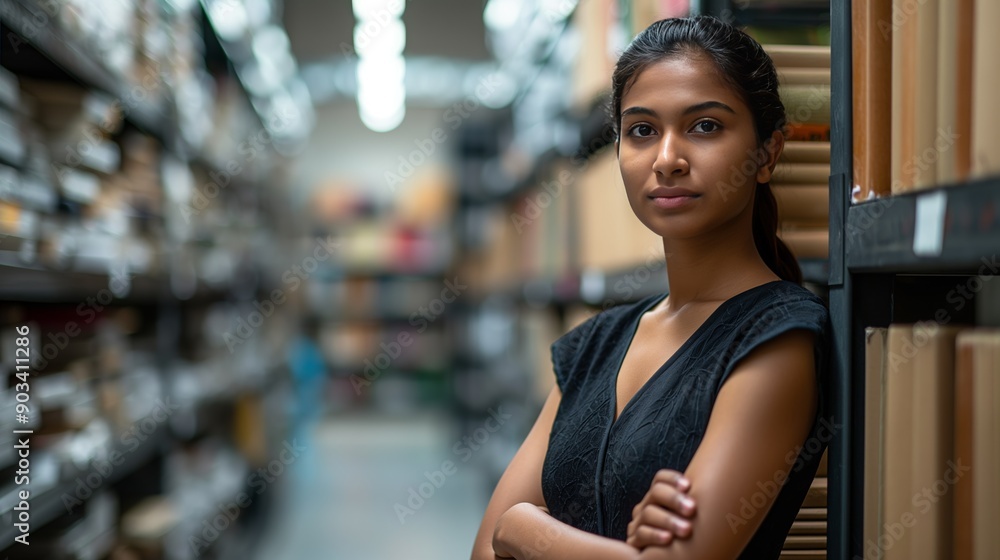Confident Indian Library Worker Standing with Arms Crossed in Storage Room Confident Indian Library Worker Standing with Arms Crossed in Storage Room