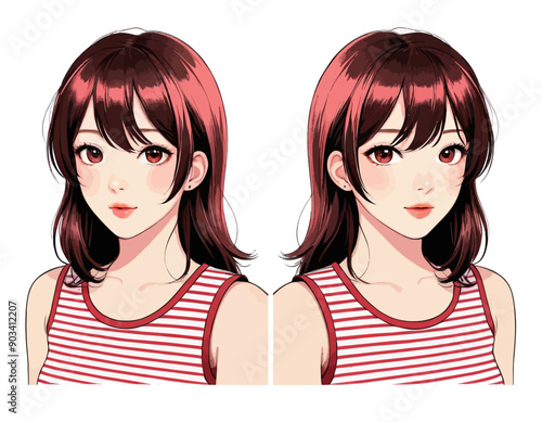 Anime-style character with red hair and striped shirt