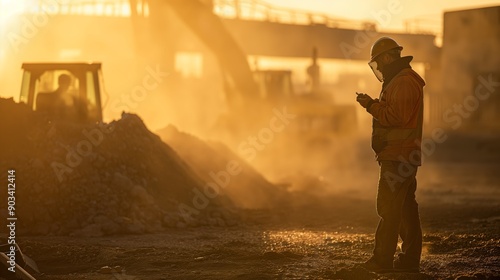 Construction Worker Checking Smartphone at Sunset on Dusty Road Construction Site photo