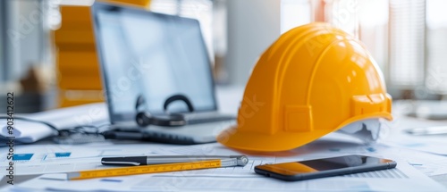 A construction site with a laptop, a cell phone, a pen, a ruler, and a hard hat