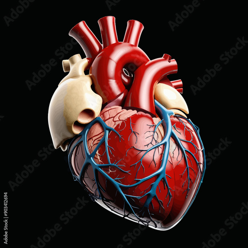 3D Rendering of a Human Heart with Blood Vessels and Valves