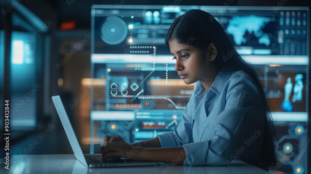 Focused Indian Woman Working on Laptop with Digital Interface in Modern Office Focused Indian Woman Working on Laptop with Digital Interface in Modern Office