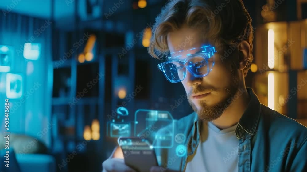 A young caucasian man wearing AR glasses interacts with holographic icons emanating from his smartphone. It's nighttime, and the ambient lighting in the room creates a high-tech, futuristic mood. He A young caucasian man wearing AR glasses interacts with holographic icons emanating from his smartphone. It's nighttime, and the ambient lighting in the room creates a high-tech, futuristic mood. He