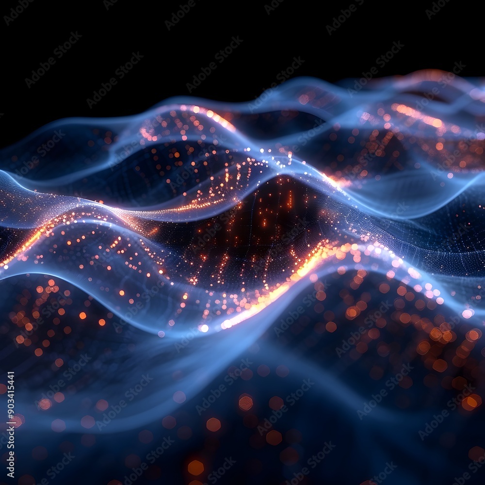 Undulating waves of light with glowing blue and orange particles creating a fluid, dreamlike scene, resembling a mesmerizing cosmic or underwater landscape in motion. Undulating waves of light with glowing blue and orange particles creating a fluid, dreamlike scene, resembling a mesmerizing cosmic or underwater landscape in motion.