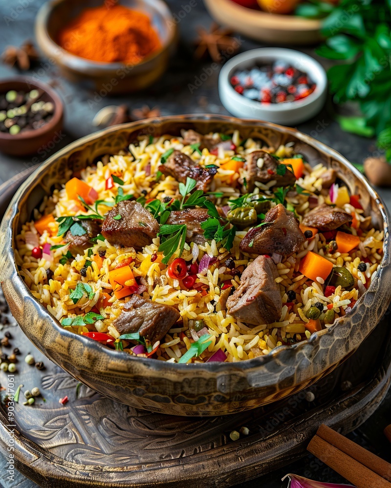 A bowl filled with rice and meat on top of a wooden table A bowl filled with rice and meat on top of a wooden table