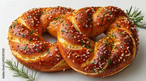 Crispy German Pretzel with Coarse Salt - Detailed Texture and Golden-Brown Crust on White Background. Photorealism. Canon EOS K5. 85mm.