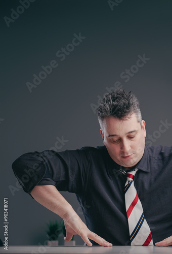 Businessman leaning on empty desk touching surface