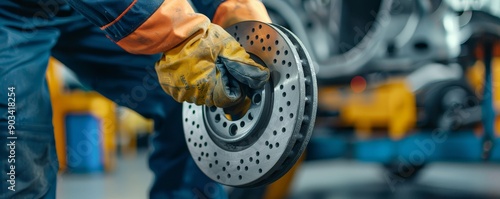 Obraz na płótnie Mechanics replacing car brakes, skilled labor, w salonie