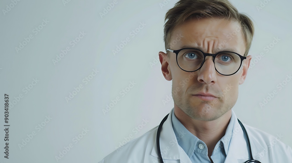 Serious Doctor in White Coat with Stethoscope Serious Doctor in White Coat with Stethoscope
