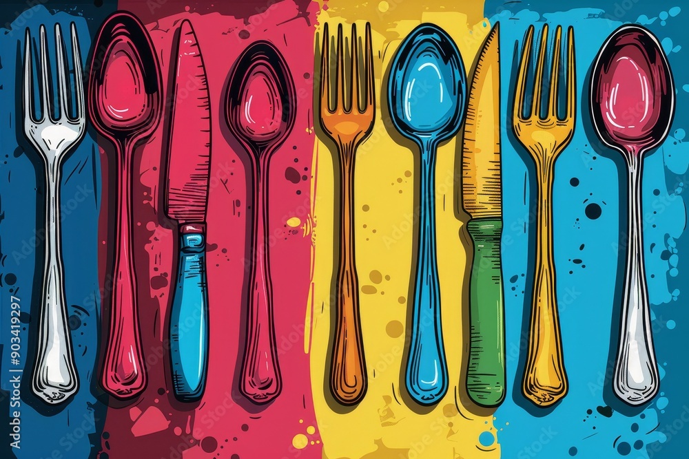 Colorful Cutlery Set on a Splashed Background Colorful Cutlery Set on a Splashed Background