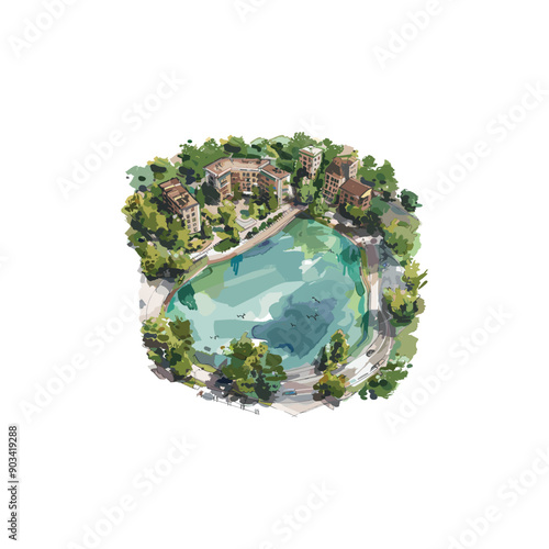 vector image of a lake on the outskirts of town made with watercolor.ai generated