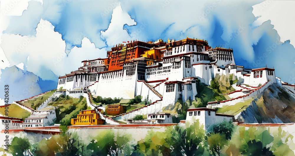 Obraz premium Watercolor painting of the Potala Palace in Lhasa, Tibet, China