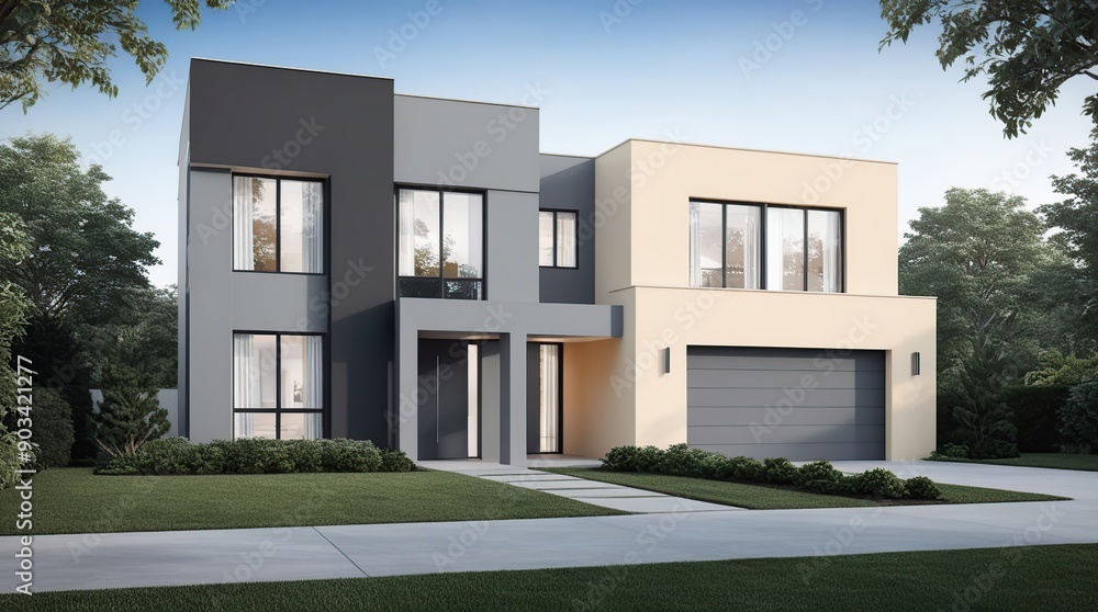 The exterior of a two-story residential house with a contemporary concept that combines balanced colors between dark gray and cream The exterior of a two-story residential house with a contemporary concept that combines balanced colors between dark gray and cream